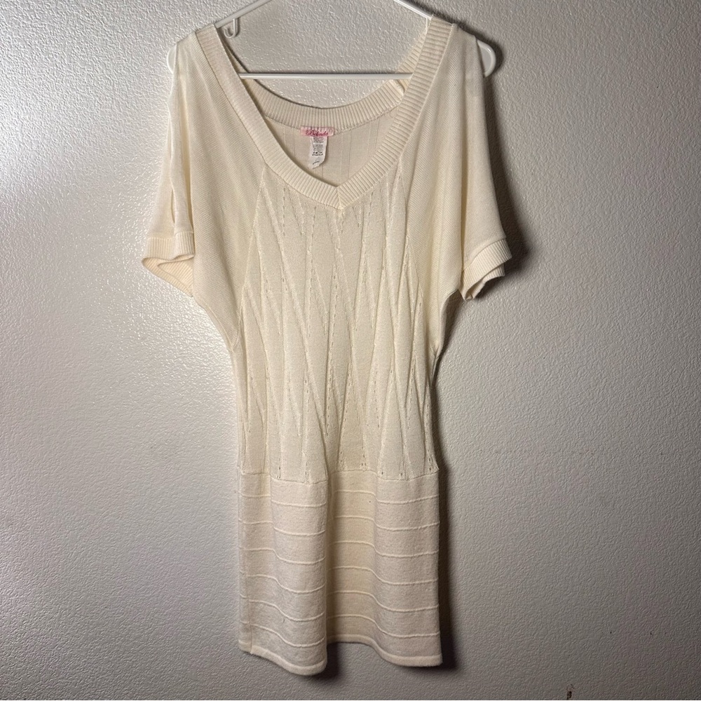 Granny knit Ivory Top Sweater Blouse cut out short sleeve ribbed chic layering L